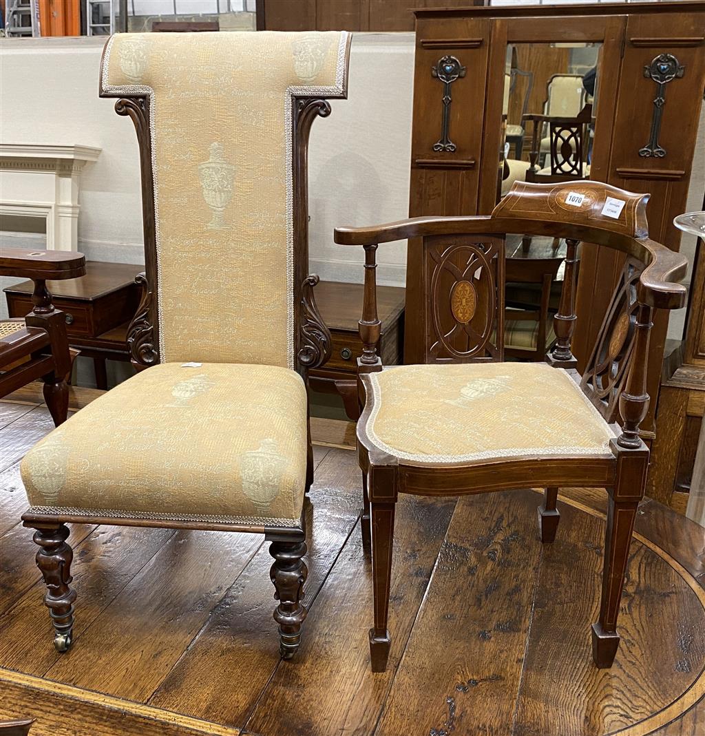 A Victorian carved mahogany framed prie dieu and an Edwardian inlaid mahogany corner elbow chair